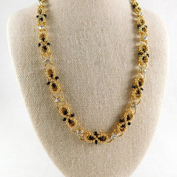 Vintage Gold Chain, Jump Ring, Bead & Crystal Linked Necklace/Double Thickness, Understated Elegance/Very Unique Construct, Gold/Black/Clear