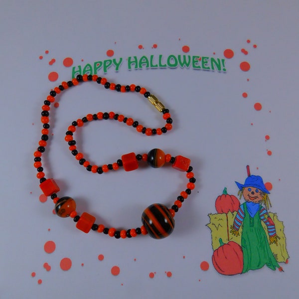 Orange & Black Glass Choker w/Spun Glass Focal Beads, Beaded, Halloween, Beavers, Bengals, Browns, Orioles, Giants, Sports Colors, Glass