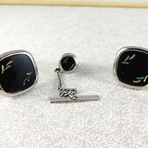 Swank Silver/Etched Black Metal Cufflink & Tie Tac Set, Men&#39;s Jewelry, Suit~Tie, Suit Accessories, Cuff Link Set, Gift for Him, Father&#39;s Day