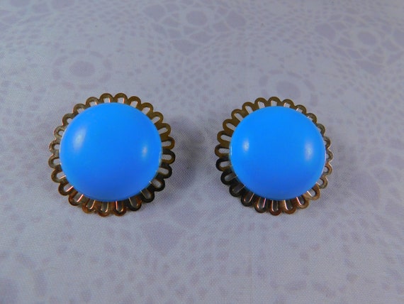 Sky Blue Hard Plastic & Goldtone Filigree Clip On
