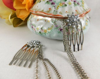 Pair of Sparkling 1960's Art Deco Revival Crystal & Silver Hair Combs w/Connecting Web of 3 Chains, Victorian Style, Wedding Regalia