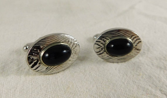 60's Anson Textured Oval Cuff Links/Black Onyx St… - image 4
