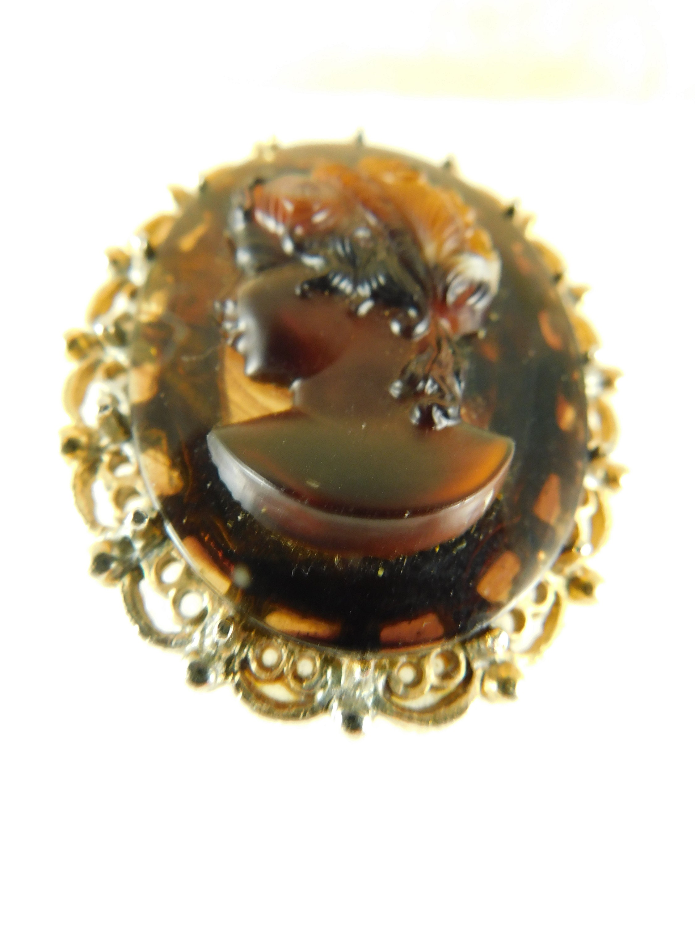 Broche Fantaisie Ancienne Style Art Déco - Imitation écaille Et Camée - Occasion