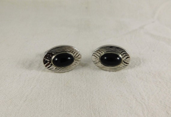 60's Anson Textured Oval Cuff Links/Black Onyx St… - image 3
