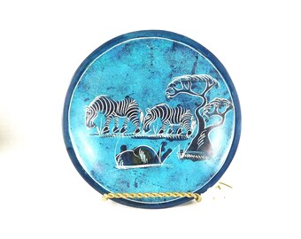 Vintage Blue Etched Bowl: African Zebra Scene, Decorative Dish