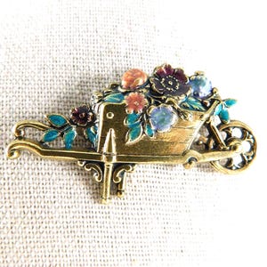 Enameled Brass Repousse Flower Garden Wheelbarrow Brooch, Garden Theme,