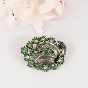 Green Crystal Floral/Fruit Brooch, 1950&#39;s, Black Antiqued Silver Leaves/Brilliant Green Crystals, Lime? St. Paddy&#39;s Day Wear