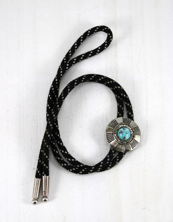 Southwest Art Glass & Silver Bolo Tie w/Black/Silver Braid, 1960's, Southwest Men's Accessories, Suit n Tie, Western Tie, Cattleman's Attire