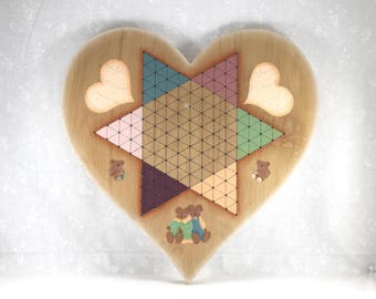 Vintage 80s Tole Painted Heart Shaped Chinese Checker Board: Teddies & Hearts, No Pegs, Nearly Pristine