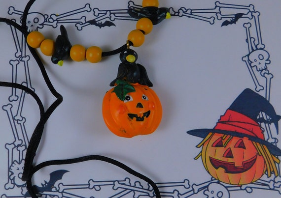 Painted Poly Resin Jack-O-Lantern & Crow Necklace… - image 3