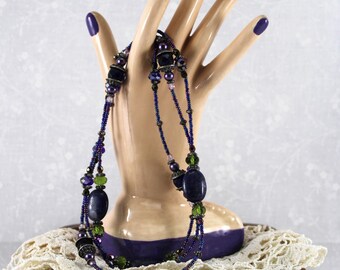 Vintage 80s Sodalite & Glass Beaded Necklace: Sterling Toggle, Purple Green Cobalt Iridescent Beads, 44"