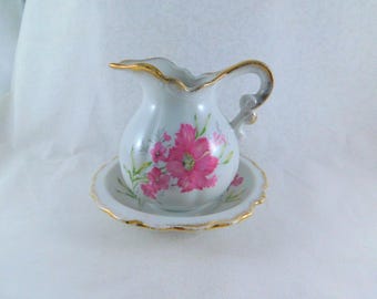Vintage Inarco Bowl and Pitcher Set: Hand-Painted Pink Flowers, Gold Trim, Japan