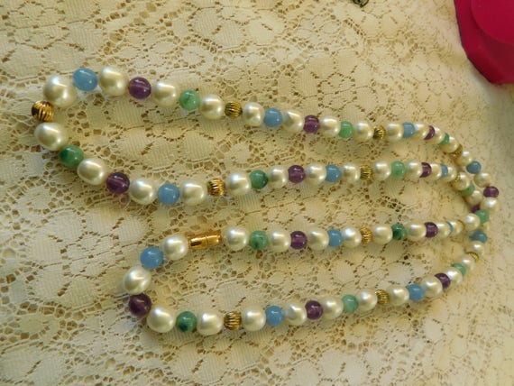 Bead Necklace, Vintage Pearl & Glass Necklace, Co… - image 1