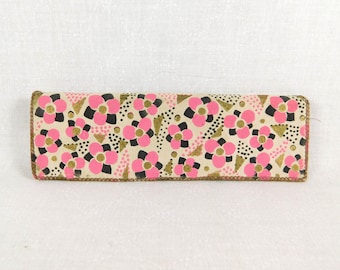 Painted Kid Leather Comb & Mirror Case, Made in France, Mid Century Cosmetic/Hair Accessory, Pink/Black Flowers on White Kid, Soft n Supple