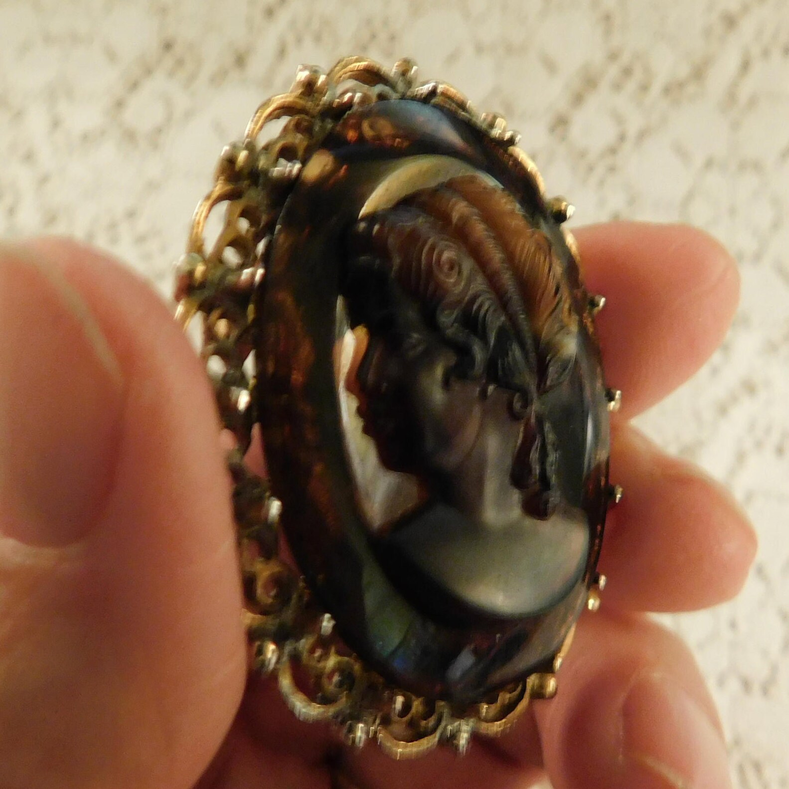 Broche Ancienne Fantaisie Style Art Déco - Imitation écaille Avec Camée, Bijou Vintage Occasion