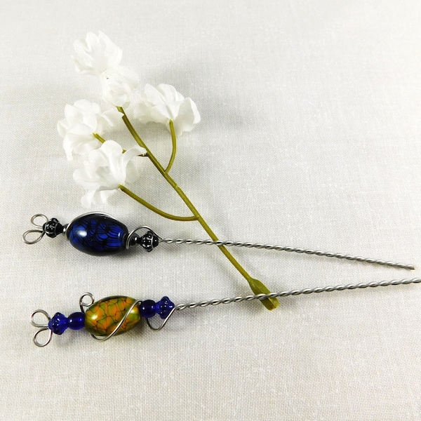 Two Hand Crafted Twisted Wire & Lamp Bead Hair Sticks, Hair Decorations, Hair Embellishments, Blue and Yellow, Hair Accessories