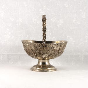 Vintage 1950s Godinger Silver Plate Sugar Basket, Grape Motif, Hinged Handle, 5 x 4 x 3, Victorian Style, Well Loved