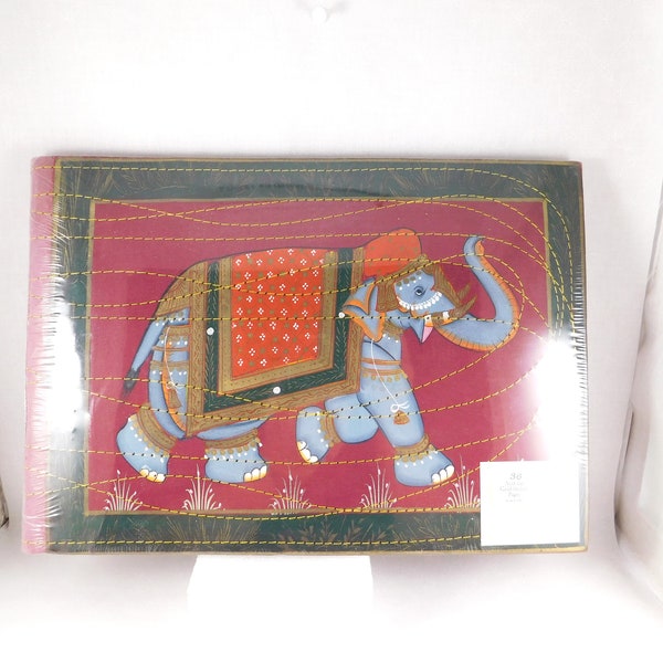 Vintage Stitched Burgundy Leather Indian Elephant Picture/Scrapbooking/Junk Journal/Album, Hand Painted, 36 Pgs. Can Hold Up To 144 Photos