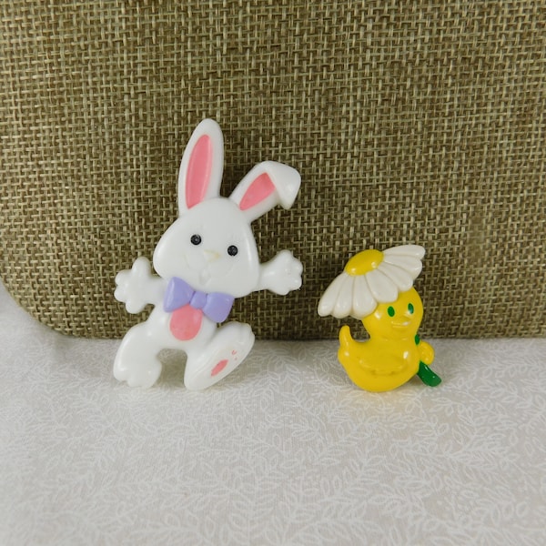 Poly Resin Bunny with Bow Tie (unmarked) & Little Chick with Daisy Umbrella by Avon, Poly Resin, Easter Jewelry, Rabbit Pin, Chickie Pin