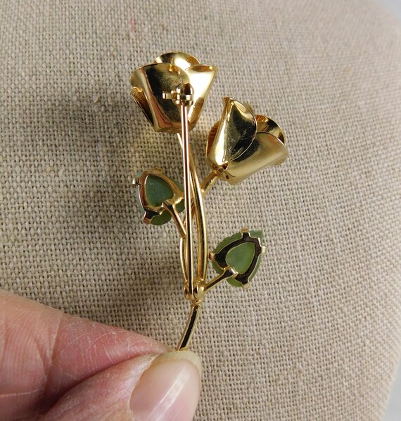 Gold Twin Rose Brooch w/Jade Leaves, Vintage 60's… - image 6