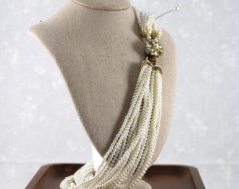 Vintage 50s Sixteen-Strand Faux Pearl Necklace: Baguette Crystal Clasp, Gold Filigree Bead Caps, Wedding Couture