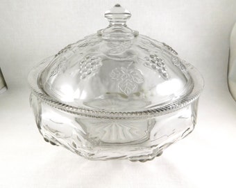 Mid Century Molded Glass Casserole & Lid w/Raised Grape/Leaf Motif, 1940's Cookware/Serveware, Collectible Glass