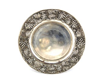 Vintage '80s Grape & Vine Design Silver Plate Candle Charger, 5" Diameter