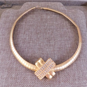 Omega Chain Rhinestone Slide Necklace, Brushed Gold Plate Necklace, Slide Pendant Necklace, 1980&#39;s Costume Jewelry, Gold Jewelry,