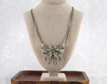 Vintage 1950s Upcycled Crystal Bow Necklace, Wedding Jewelry, Formal Evening, 16 Inch