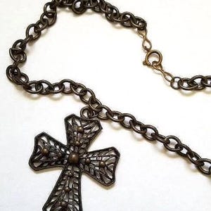 Large Rustic Non-Gender Specific Filigree Cross Pendant Necklace, Brass Cross Necklace w/Heavy Chain, Christian, Mid-Century Look-Grunge Era