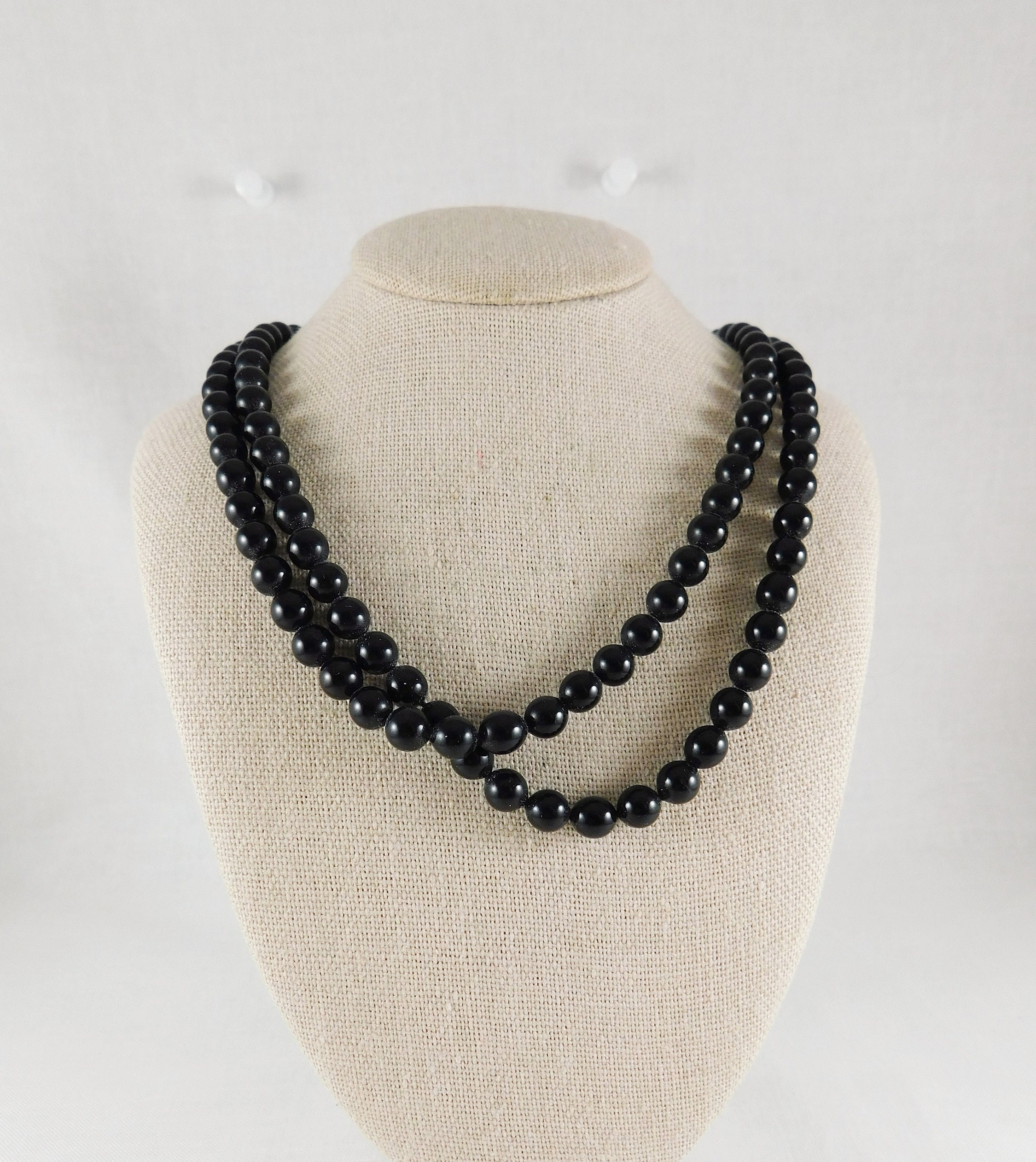 French Glass/black Jet Bead Necklace W/gold Victorian Clasp