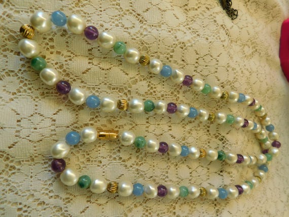 Bead Necklace, Vintage Pearl & Glass Necklace, Co… - image 2