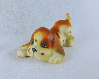 Vintage 50s Bassett Hound Puppy Figurine: Hand-Painted Bone China