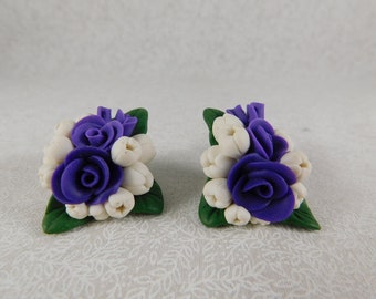 Vintage Artisan Polymer Clay Floral Earrings 4 Pierced Ears, Hand Crafted, Purple Roses/White Tulips, Polymer Clay Jewelry, Floral Earrings