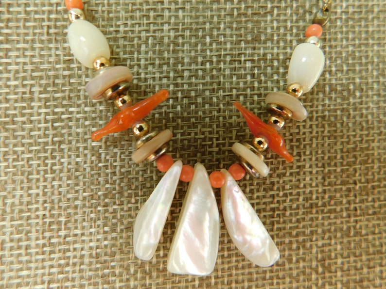 Gold Chain Beaded Necklace Beaded Shell NecklaceChoker Coral and Mother of Pearl NecklaceChoker