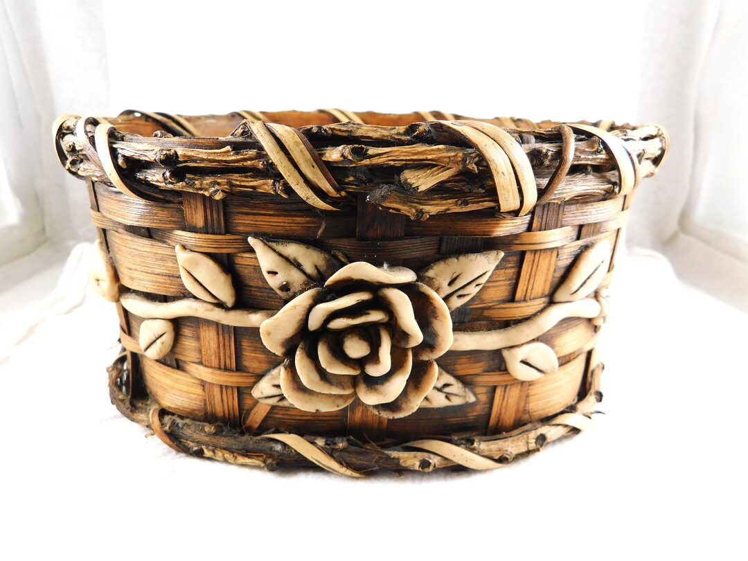 Very Unique Twig & Reed Basket W/doughlook Raised Rose Motif, Hand