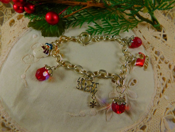 Silver Christmas Charm Bracelet-Beads-Snowman-Sle… - image 1