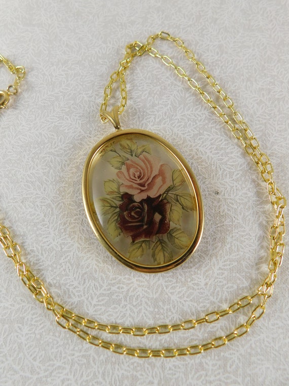 Gold Plate Pendant Necklace w/Floral Rose Transfe… - image 3