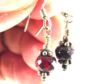 Faceted Garnet Earrings, Bohemian Style Garnet Earrings, Garnet and Silver Earrings
