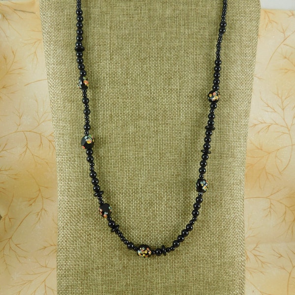 Asian Inspired Black Glass & Acrylic Beaded Necklace, Milifiori Wanna-Be Necklace, Milifiori Embedded Glass Focal Beads, Beaded Jewelry