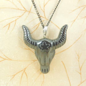 Vintage Hematite Water Buffalo Necklace: African Animal Pendant, 18" Chain