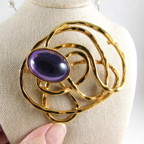 Large Freestyle Looped Gold Plated Brooch w/Large Purple Glass Cab, Beautiful Pre-2005, Freestyle Artisan Brooch, Unmarked, Gold & Glass