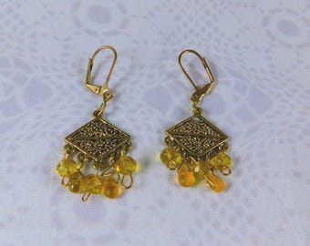 Vintage Yellow Glass Chandelier Earrings: Gold Filigree Bohemian Jewelry