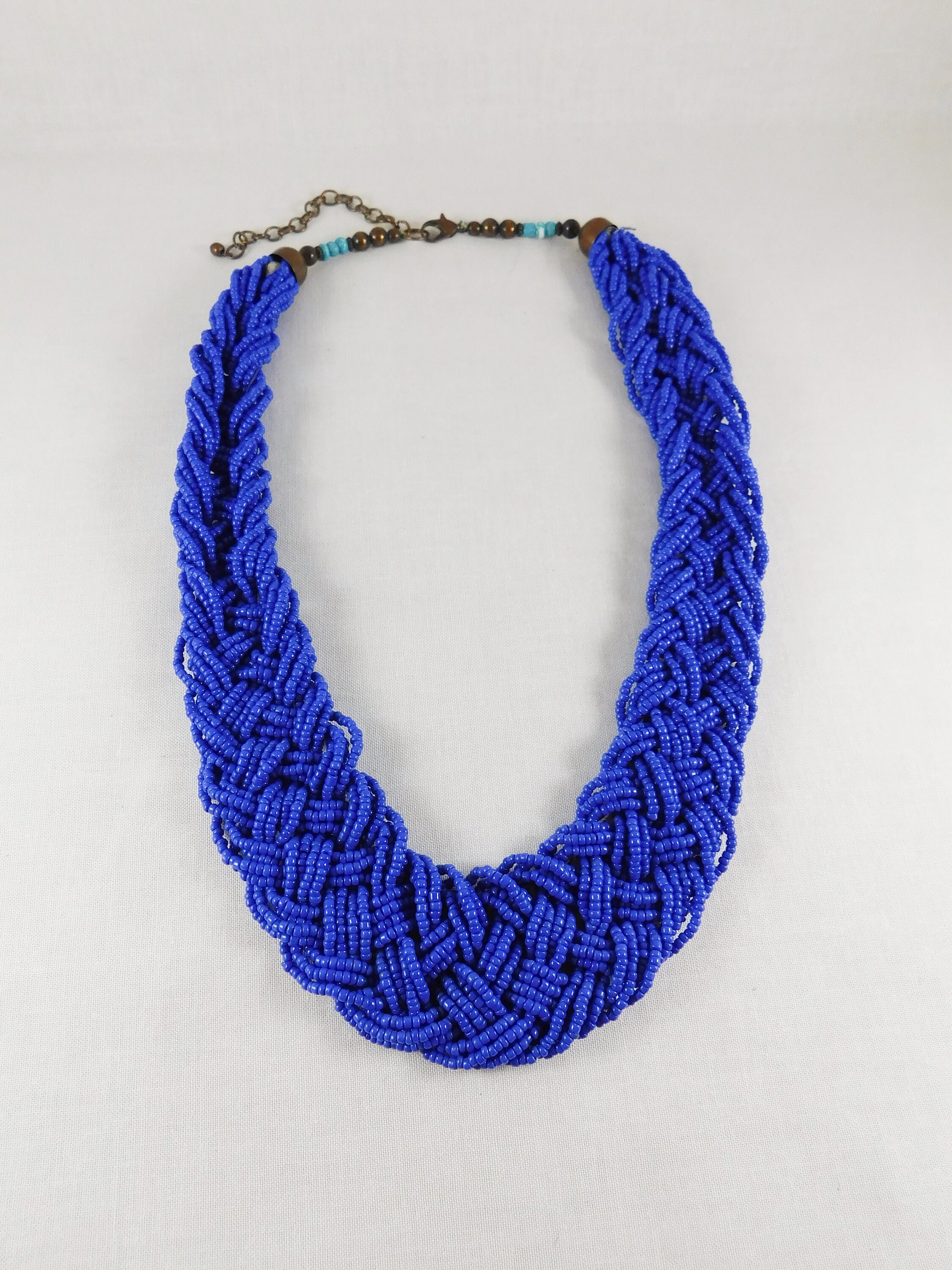 18 Strand Bright Blue Beaded Collar/bib Necklace, 1980's