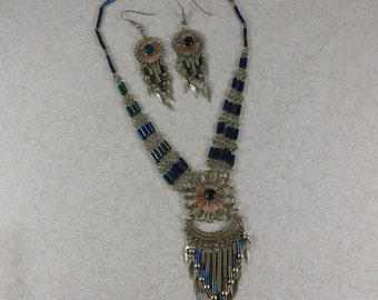 Bead & Silver Filigree Necklace and Earrings-Blue and Green Iris Bugle Beads/Pink Shell/Stones/Silver Alloy, Demi Parure, Possibly Turkish?