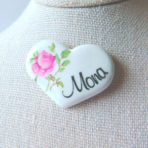 Monogrammed &quot;MONA&quot; Heart Shaped Brooch, Name Brooch, &quot;Mona&quot; Name Jewelry, Hearts, Valentine, Sweetheart Gift, Roses, Ceramic, Transferware