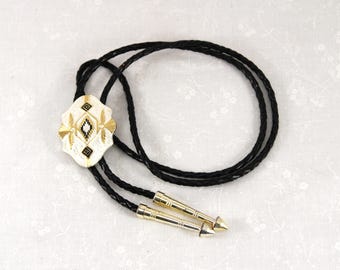 Vintage 1990s "Montana Silversmith Double Eagle" Bolo Tie, Native Design, Signed, Gold/Silver/Black, Engraved, Arrow Tips, Western Men's Tie