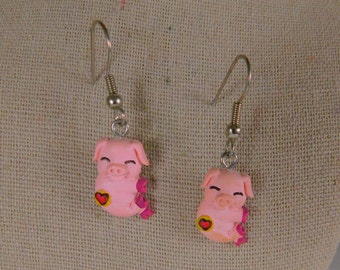 Little Sweetheart Piggy Earrings, Farm Animal Jewelry, Pink Pig Earrings, Pig Jewelry, Cartoon Piggy Earrings w/Hearts on Bums, Valentine