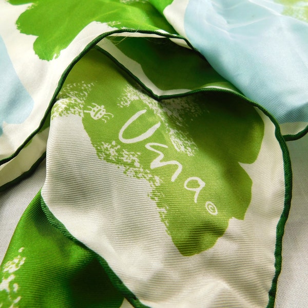 Lovely Signed Vera Neuman Rayon & Silk Scarf in Rich Greens on White Background, Vintage 60's, Stylized Floral Motif, 22" Square, Pristine
