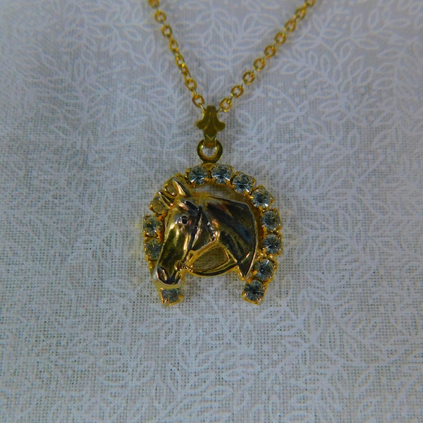 Thoroughbred Horse Head Necklace w/Crystal Horseshoe Surround, Gold Horse Head Necklace, Horse Lover Jewelry, Crystal Jewelry, Gift for Her